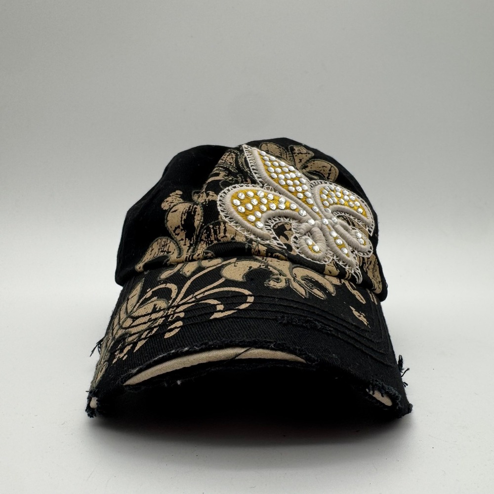 New Orleans Fleur De Lis Rhinestone Distressed Hat Black Adjustable Cap